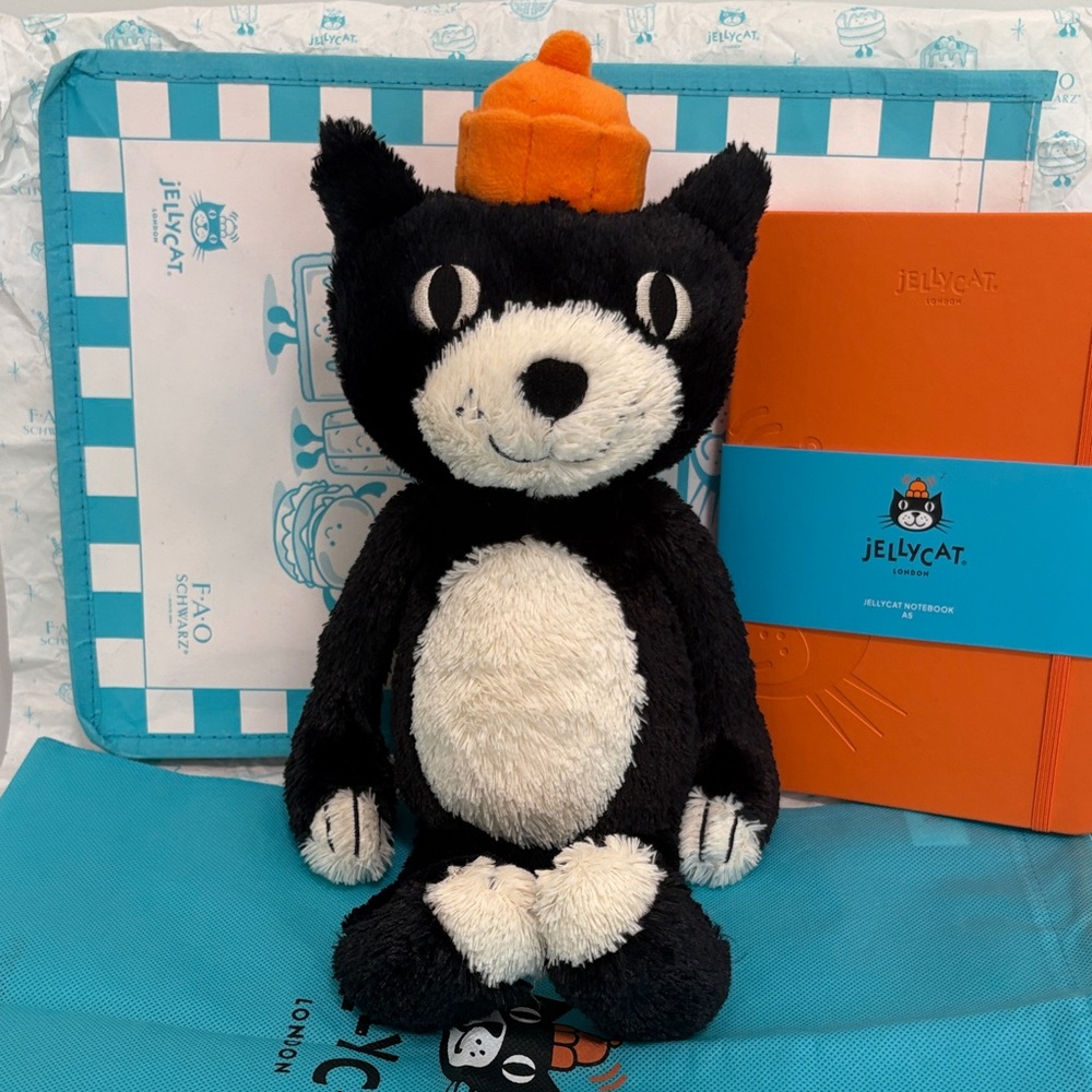 Jellycat Black and Cream Cat Plush with Orange Hat